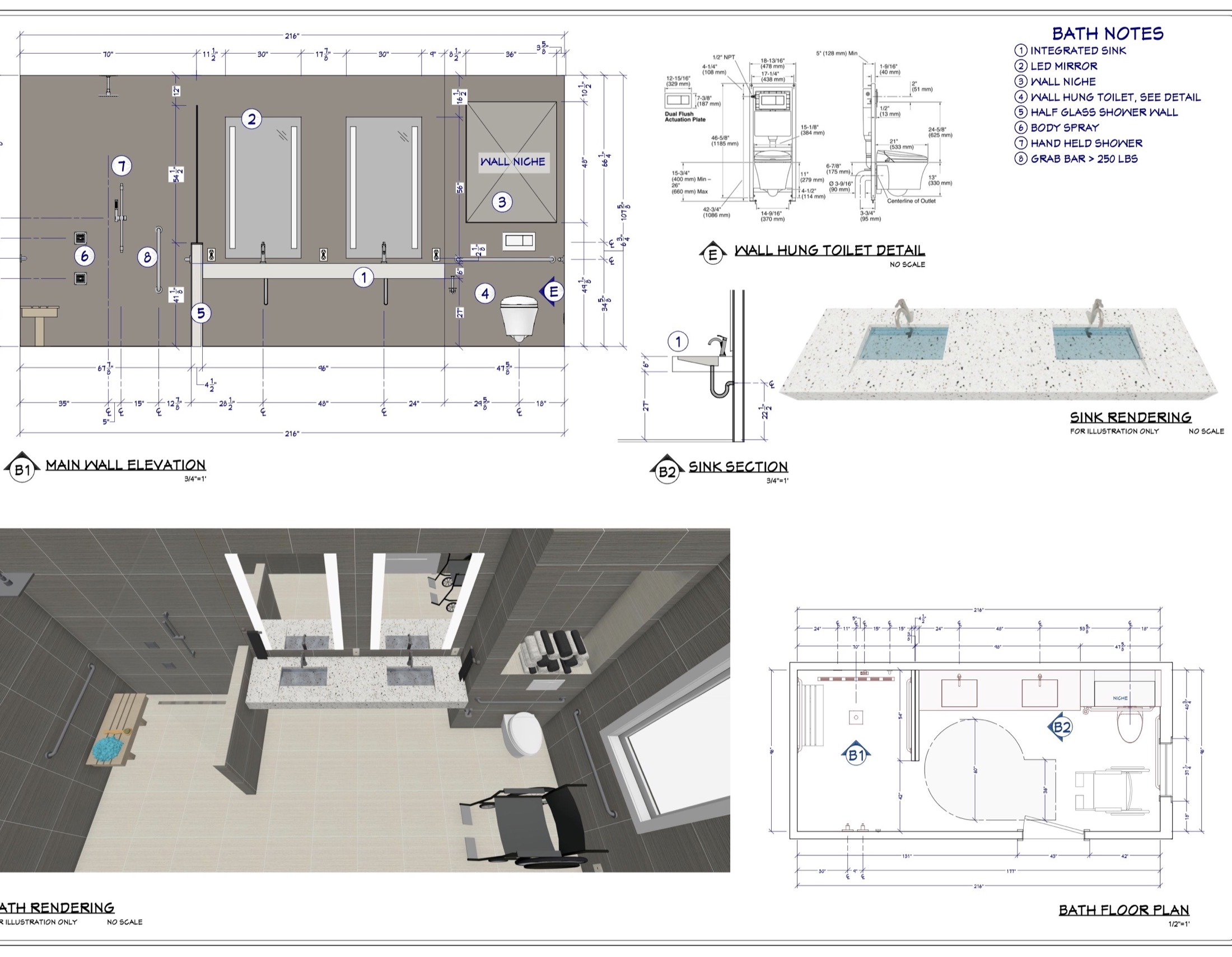 Chief Architect accessible bathroom plan with dimensioned elevation, fixture details, rendering and floor plan