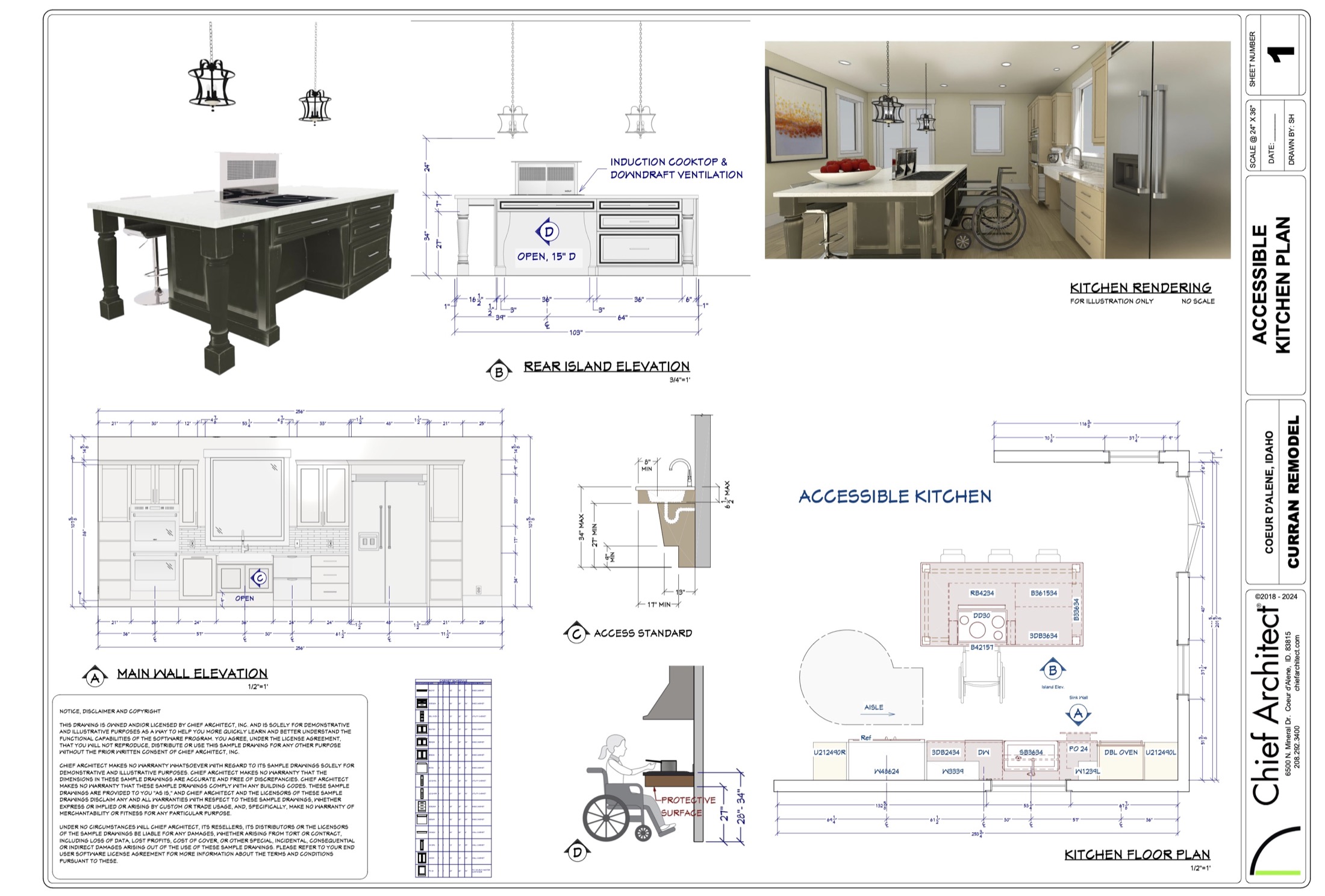 Chief Architect accessible kitchen plan with floor plan, elevations, clearances and rendered perspective