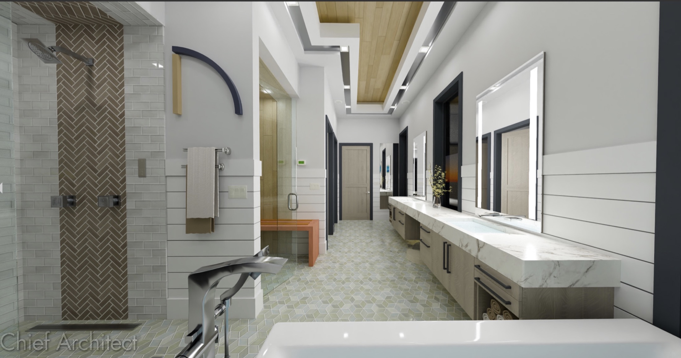 Chief Architect bathroom visualization with a long double vanity, illuminated mirrors, tiled shower and detailed ceiling