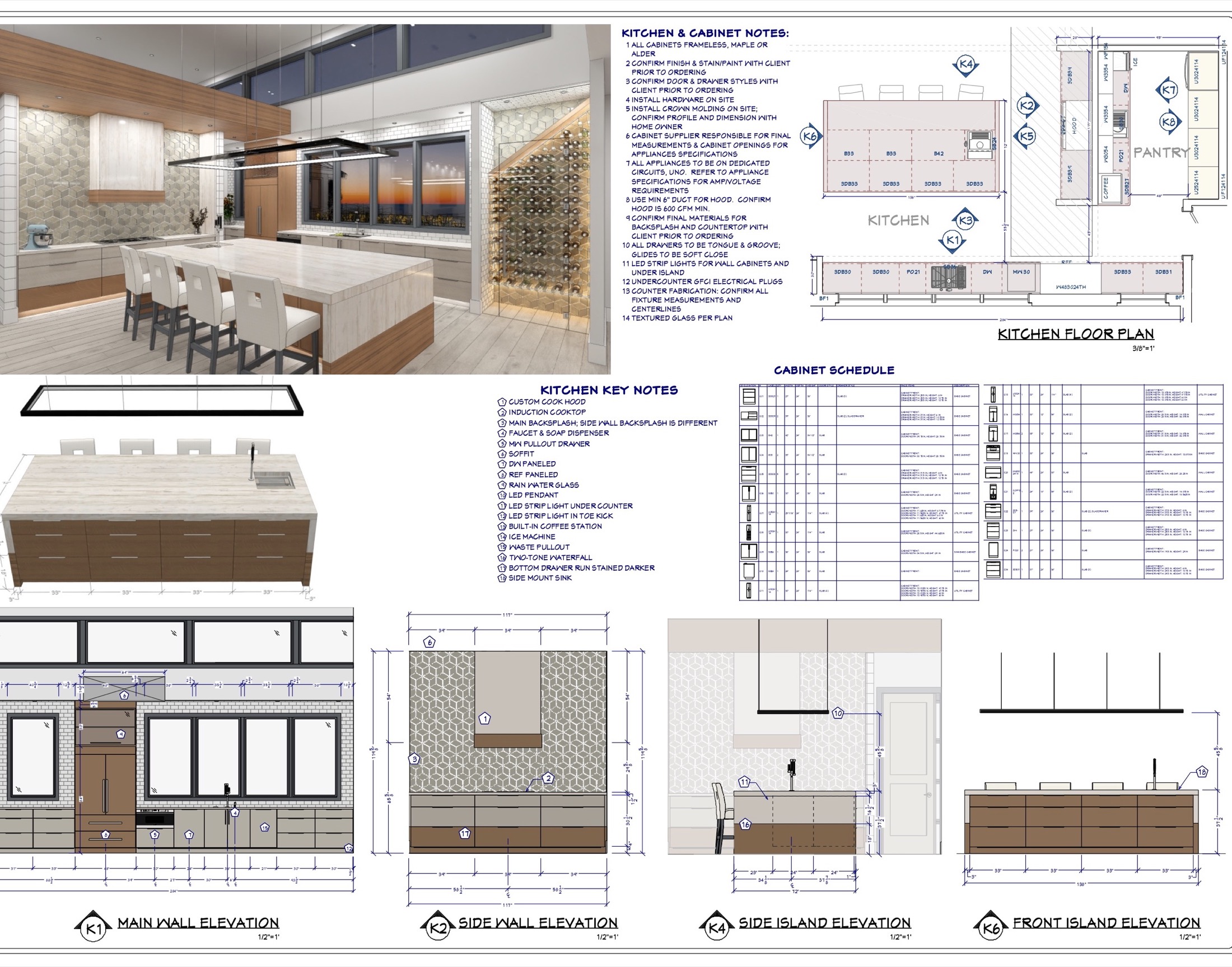 Detailed Chief Architect kitchen plan with rendering, floor plan, cabinet schedule, notes and elevations